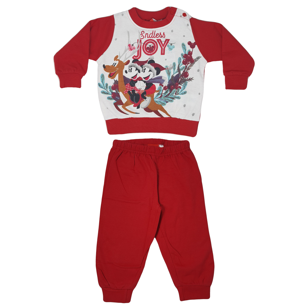 Pigiama Natalizio Minnie Mouse DISNEY T-Shirt Pantalone 100% Cotone Felpato - Min0159/2