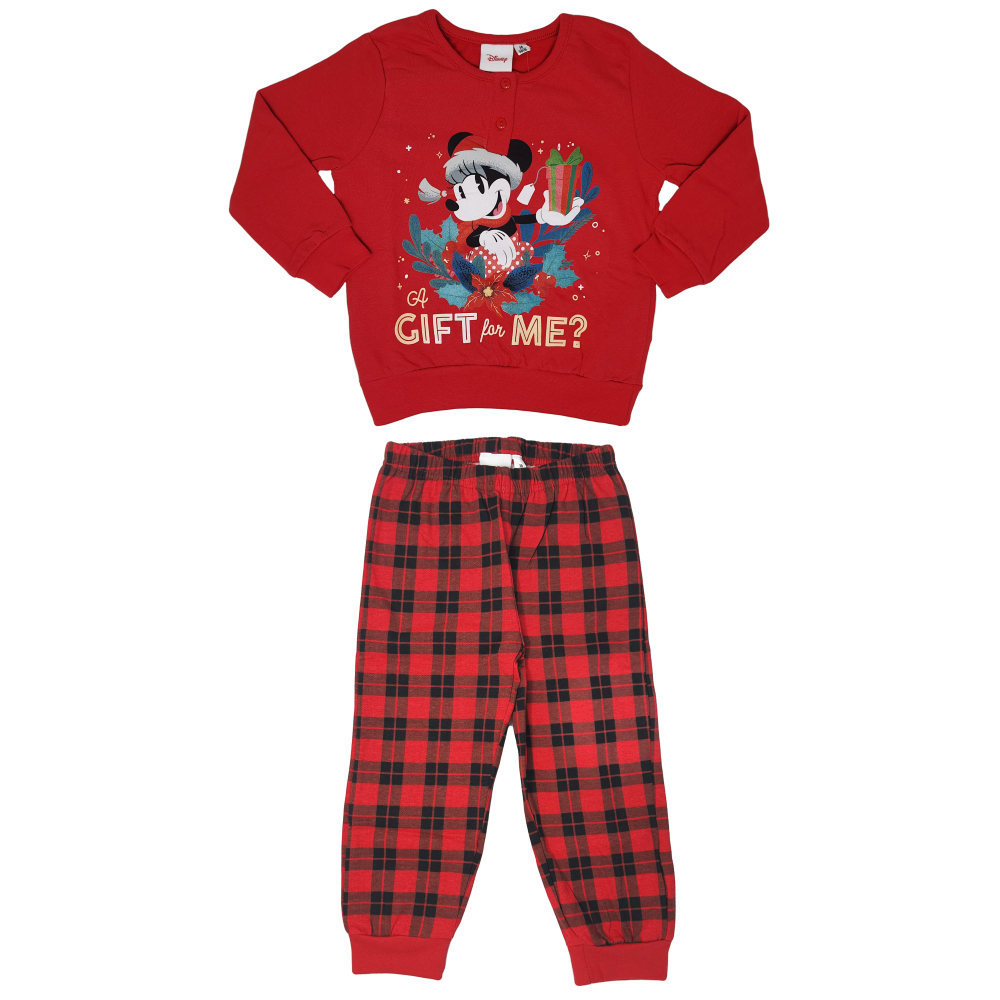 Pigiama Natalizio Minnie Mouse DISNEY T-Shirt Pantalone 100% Cotone Felpato - Min0679/1