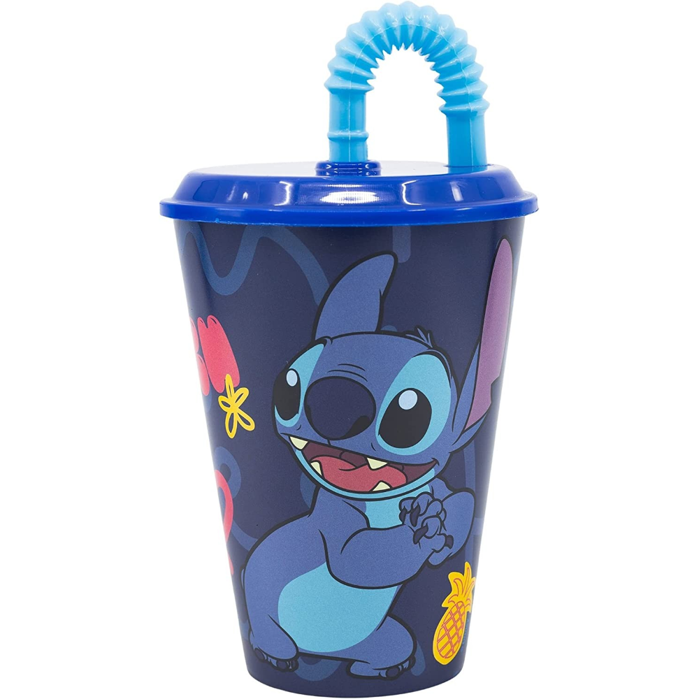Set Bicchiere con Cannuccia e Portamerenda Stitch DISNEY 2 Pezzi in Plastica Riutilizzabile Bpa Free