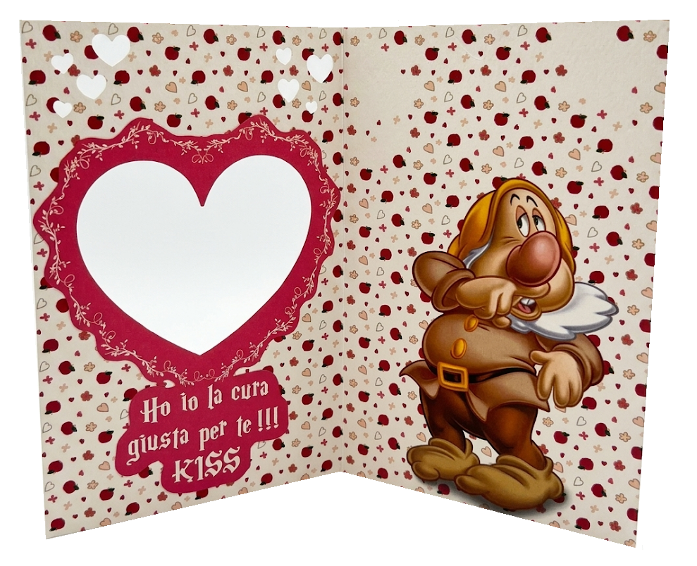 Biglietto Auguri DISNEY Eolo Biancaneve Romantico con Portafoto Cuore