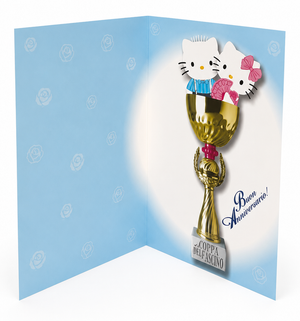 Biglietto Auguri Anniversario Hello Kitty con Coppa e Frase Originale