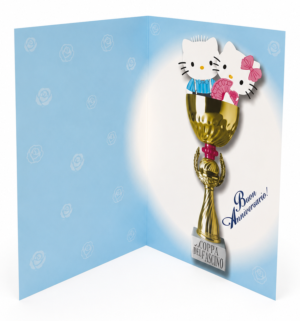 Biglietto Auguri Anniversario Hello Kitty con Coppa e Frase Originale