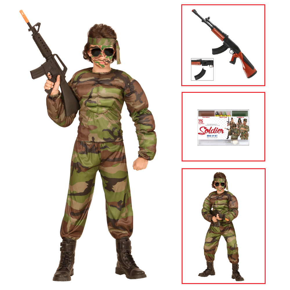 Vestito Carnevale + Accessori Super Soldato Muscoloso Costume Kalashnikov Trucco 5/7 Anni Travestimento - 0051+2781g+02412