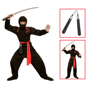 Vestito Carnevale + Accessori Super Ninja Muscoloso Costume Nunchaku 8/10 Anni Travestimento - 0052+6766n
