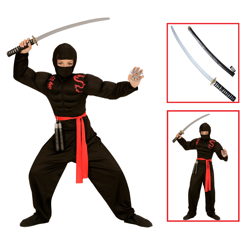 Vestito Carnevale + Accessori Super Ninja Muscoloso Costume Spada Giapponese 8/10 Anni Travestimento - 0052+2728q