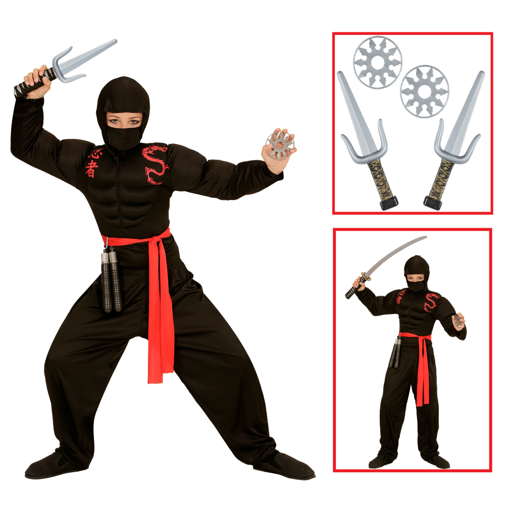 Vestito Carnevale + Accessori Super Ninja Muscoloso Costume Set Armi 5/7 Anni Travestimento - 0052+01205