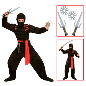 Vestito Carnevale + Accessori Super Ninja Muscoloso Costume Set Armi 5/7 Anni Travestimento - 0052+01205