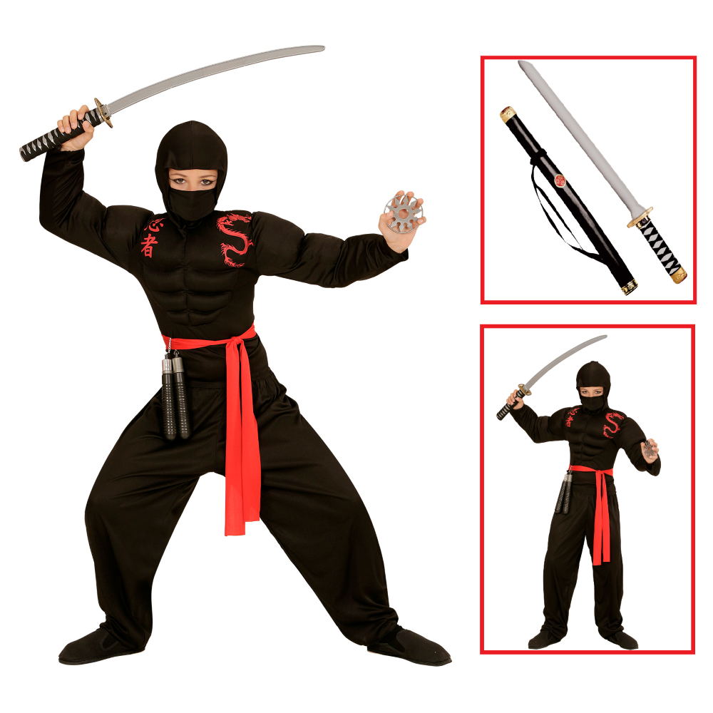Vestito Carnevale + Accessori Super Ninja Muscoloso Costume Spada Giapponese 8/10 Anni Travestimento - 0052+2727n