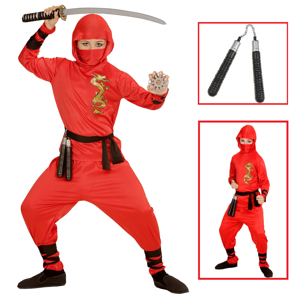 Vestito Carnevale + Accessori Red Dragon Ninja Costume Nunchaku 2/3 Anni Travestimento - 0133+6766n