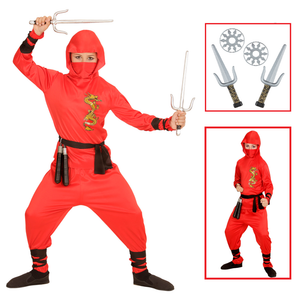 Vestito Carnevale + Accessori Red Dragon Ninja Costume Set Armi Ninja 5/7 Anni Travestimento - 0133+01205