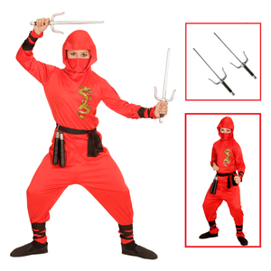 Vestito Carnevale + Accessori Red Dragon Ninja Costume Spada Sai 2/3 Anni Travestimento - 0133+8711s