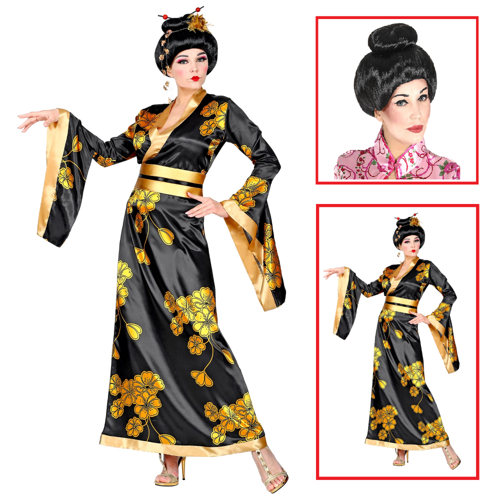 Vestito Carnevale + Accessori Geisha Kimono Parrucca Travestimento Donna Xs