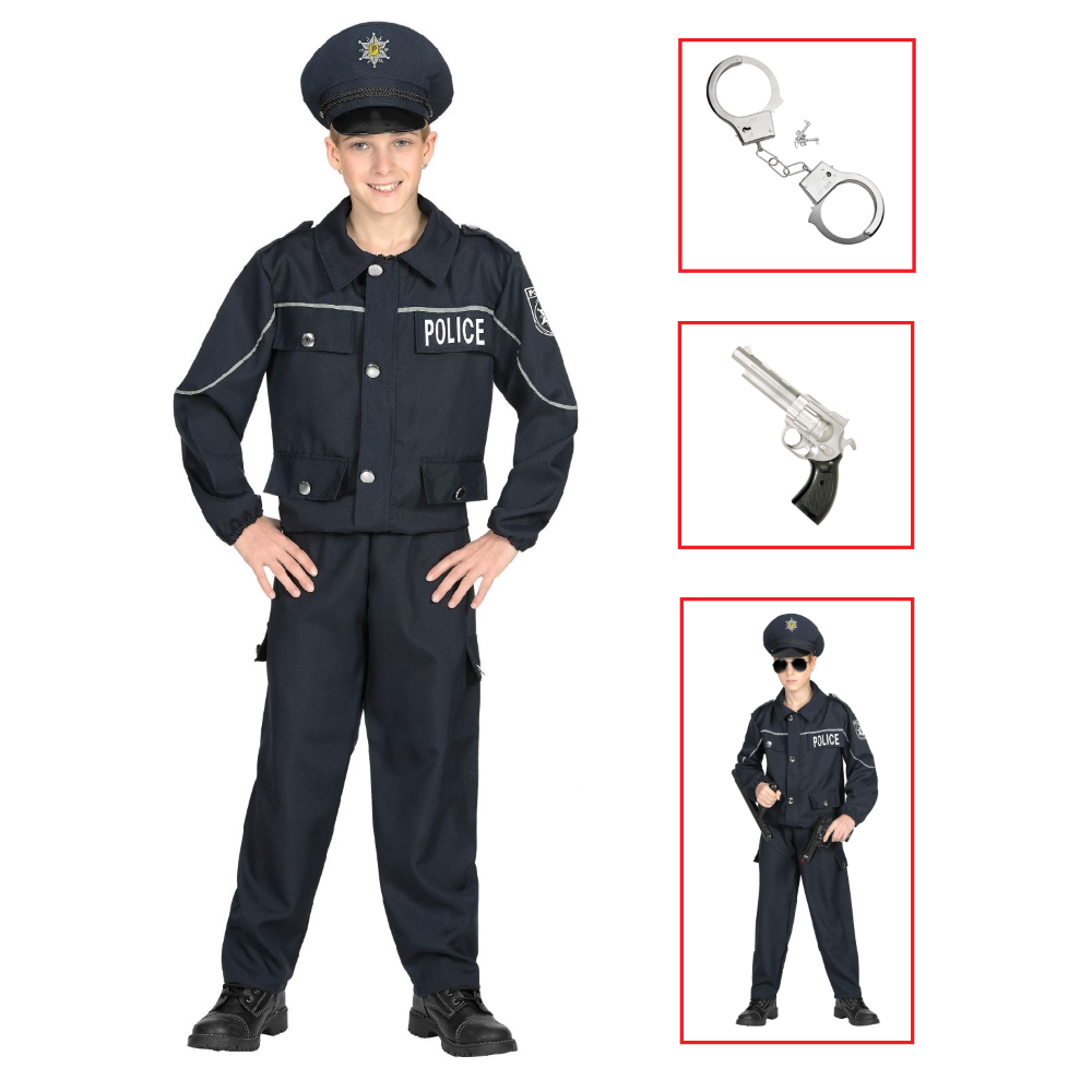Vestito Carnevale + Accessori  Poliziotto Costume Pistola Manette Travestimento 2/3 Anni - 0446+2413d+2775p