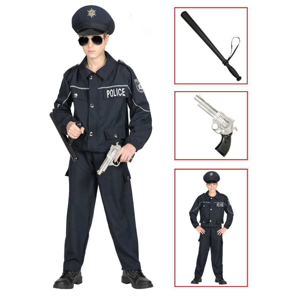 Vestito Carnevale + Accessori  Poliziotto Costume Pistola Manganello Travestimento 11/13 Anni - 0446+2423p+2775p
