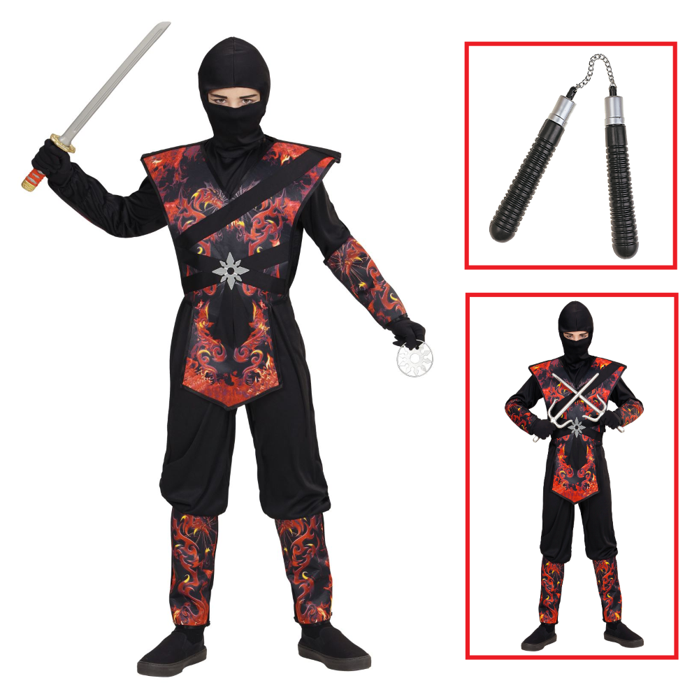 Vestito Carnevale + Accessori Ninja Drago in Fiamme Nunchaku Travestimento 4/5 Anni - 0563+6766n