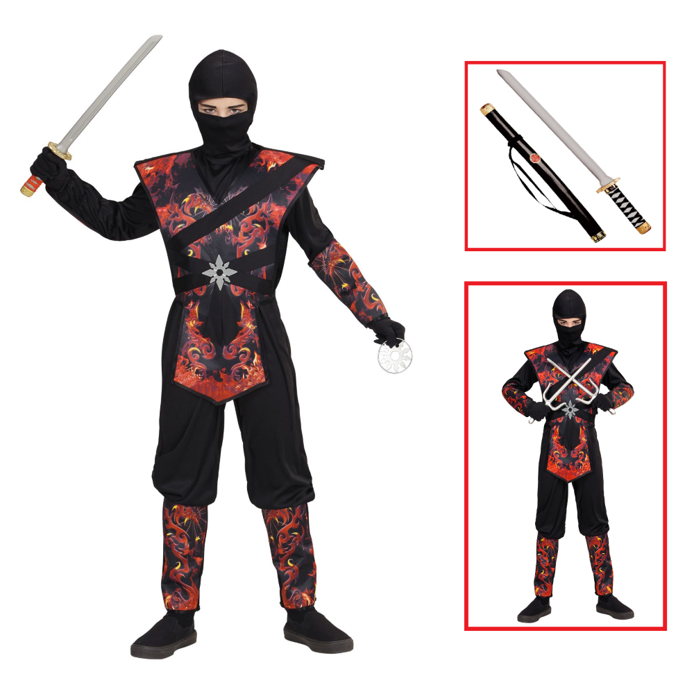 Vestito Carnevale + Accessori Ninja Drago in Fiamme Spada Travestimento 8/10 Anni - 0563+2727n