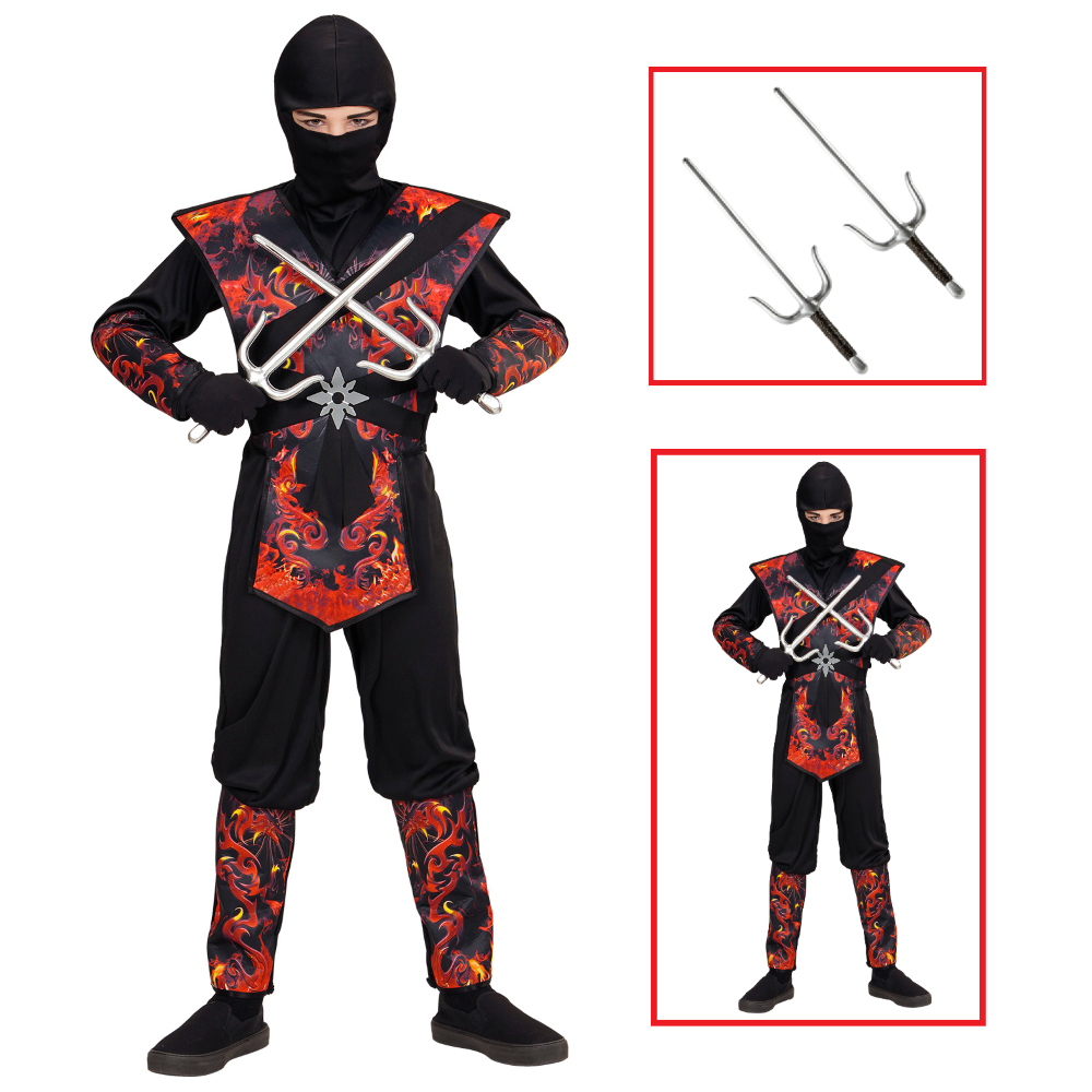 Vestito Carnevale + Accessori Ninja Drago in Fiamme Spada Sai Travestimento 5/7 Anni - 0563+8711s