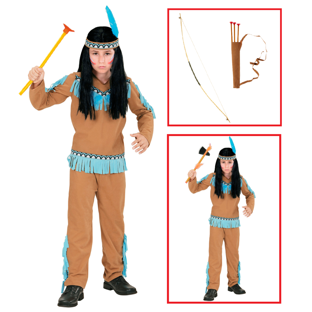Vestito Carnevale + Accessori Indiano Costume Set Arciere Travestimento 5/7 Anni - 0667+27935