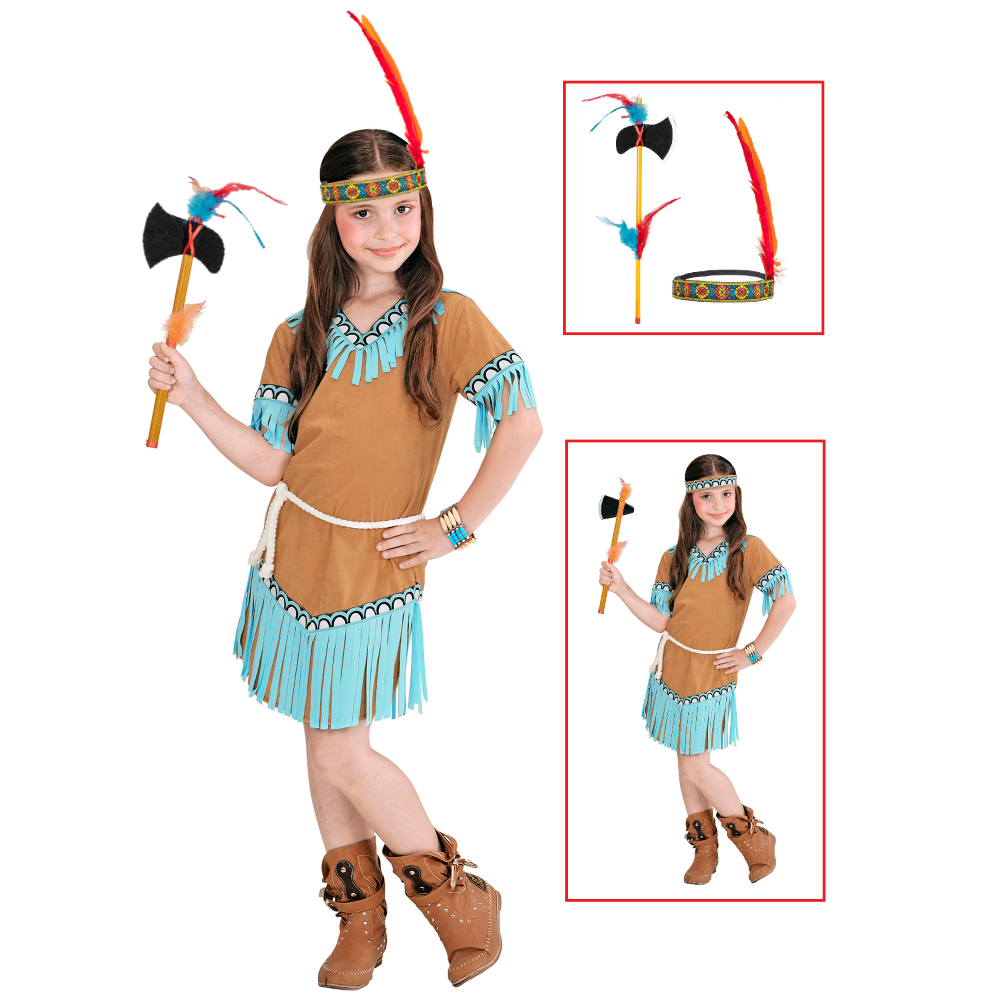 Vestito Carnevale + Accessori Indiana Costume Ascia e Fascia con Piuma Travestimento 2/3 Anni - 0665+24509