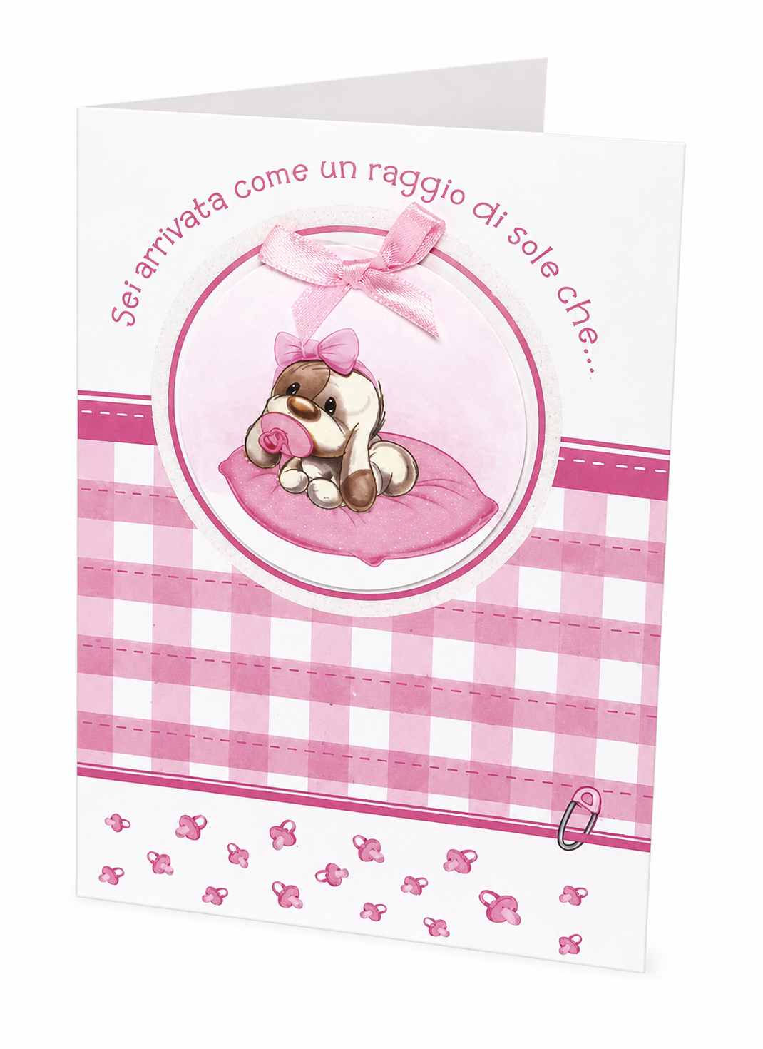 Biglietto Auguri Nascita Bimba 3d con Fiocco Rosa e Cagnolino
