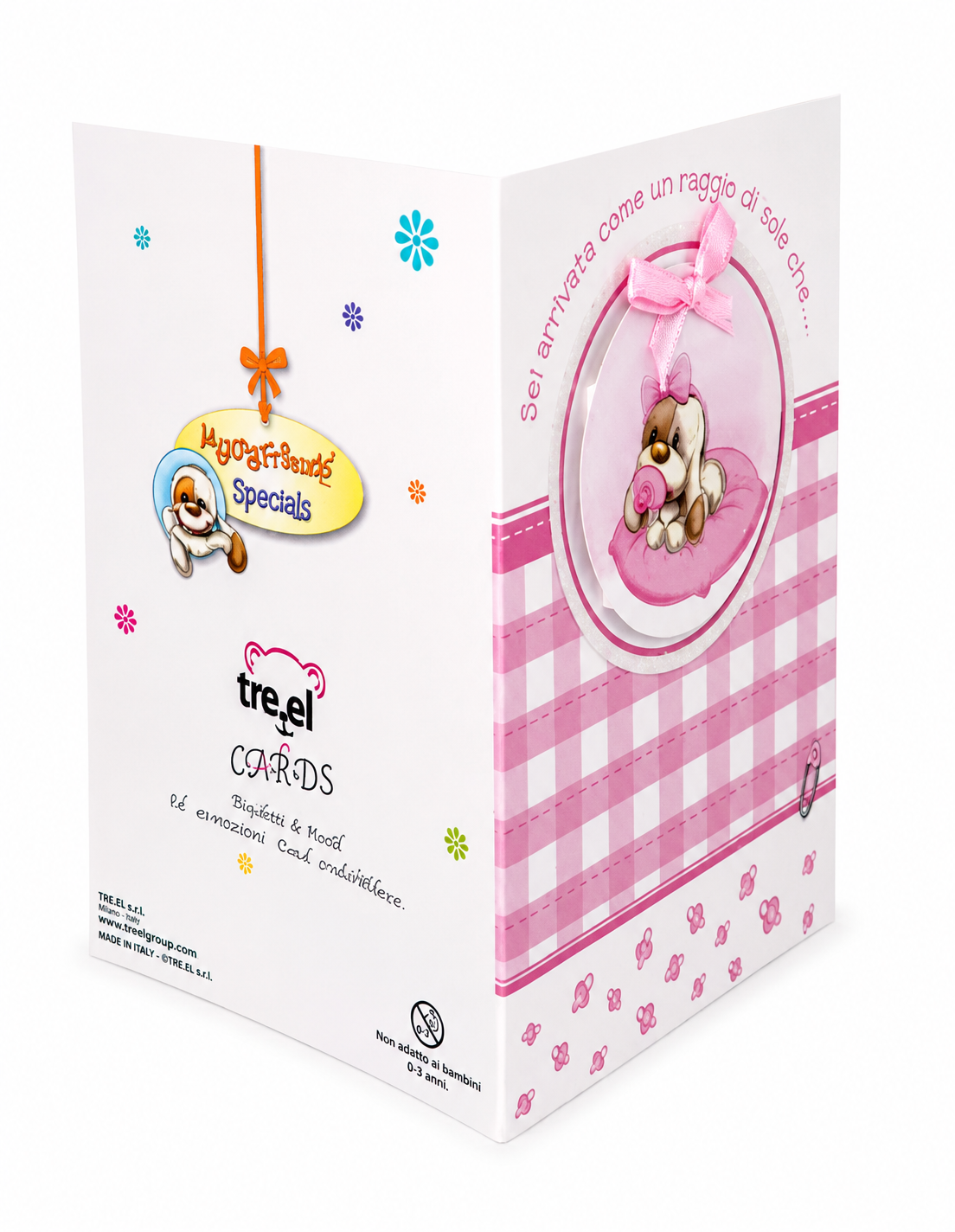 Biglietto Auguri Nascita Bimba 3d con Fiocco Rosa e Cagnolino