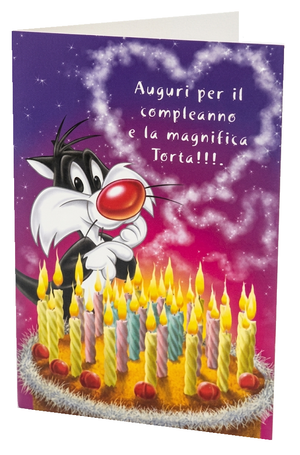 Biglietto Auguri Compleanno Divertente con Silvestro e Torta Spiritosa