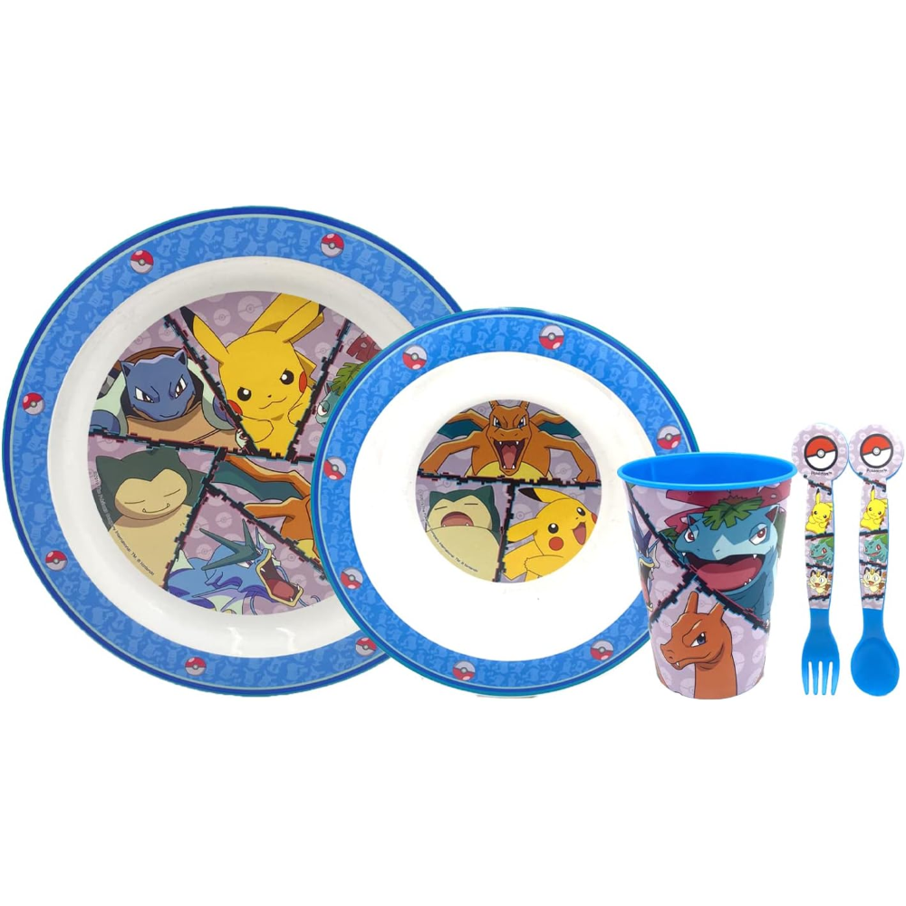 Set Pappa 5 Pezzi Pikachu Pokemom Piatti Bicchiere Posate Confezione Regalo - St08010