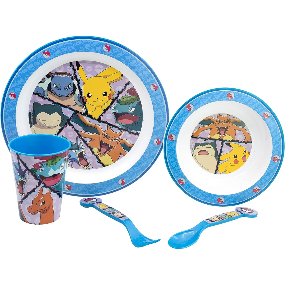 Set Pappa 5 Pezzi Pikachu Pokemom Piatti Bicchiere Posate Confezione Regalo - St08010