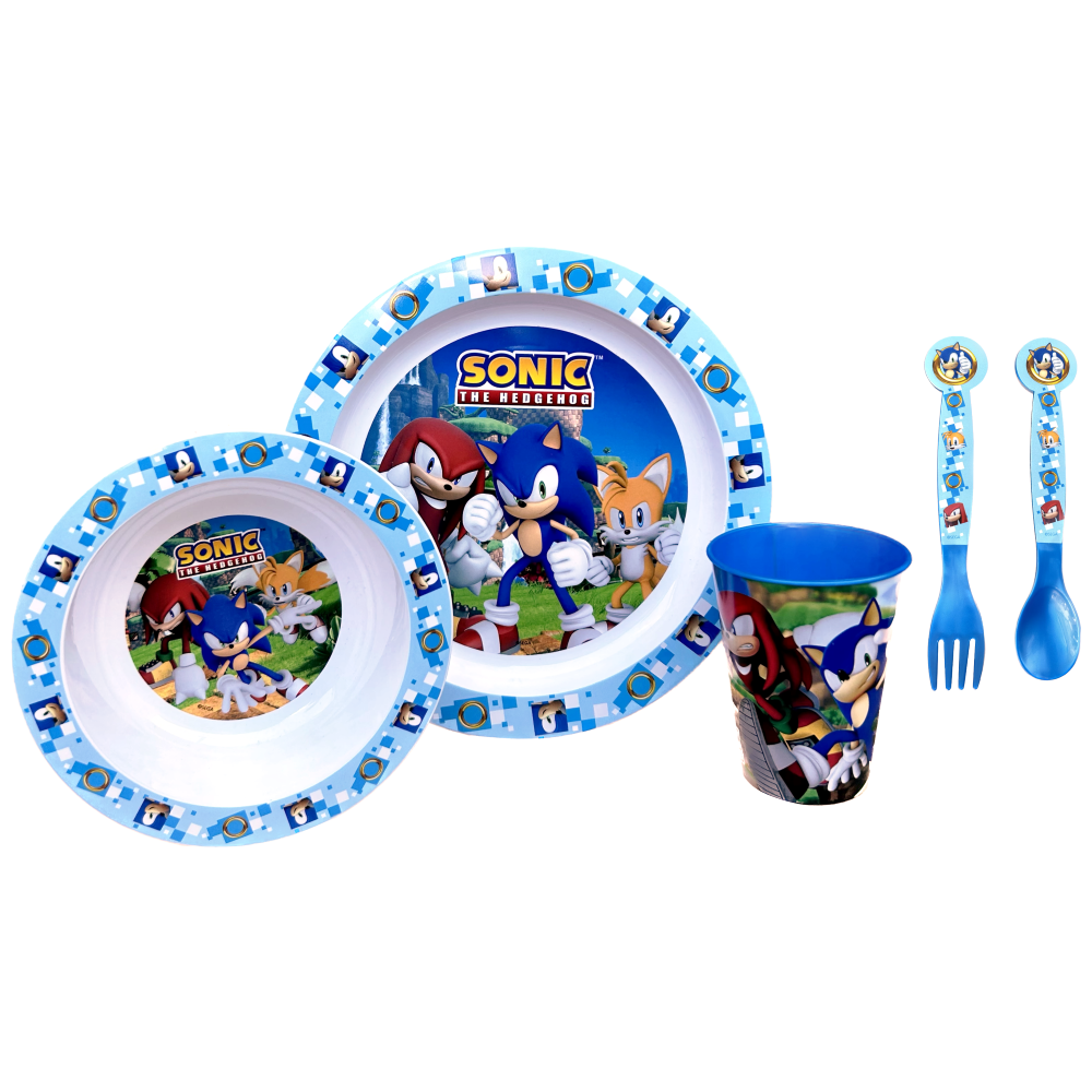 Set Pappa 5 Pezzi Sonic Piatti Bicchiere Posate Confezione Regalo - St40550