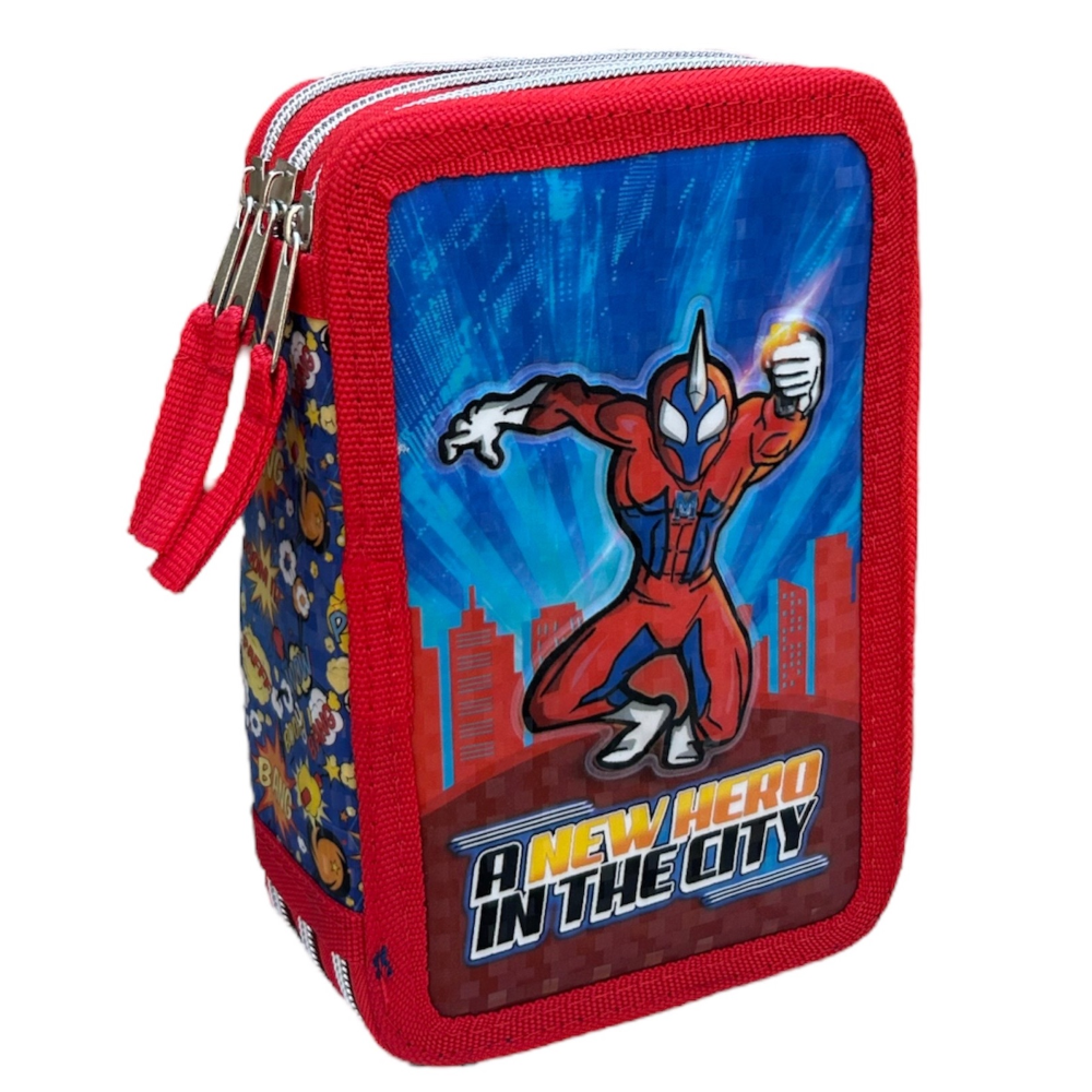 Astuccio Scuola 3d Masked Man Supereroe  Multiscomparto 3 Zip Portacolori Pennarelli Giotto - Hr0832