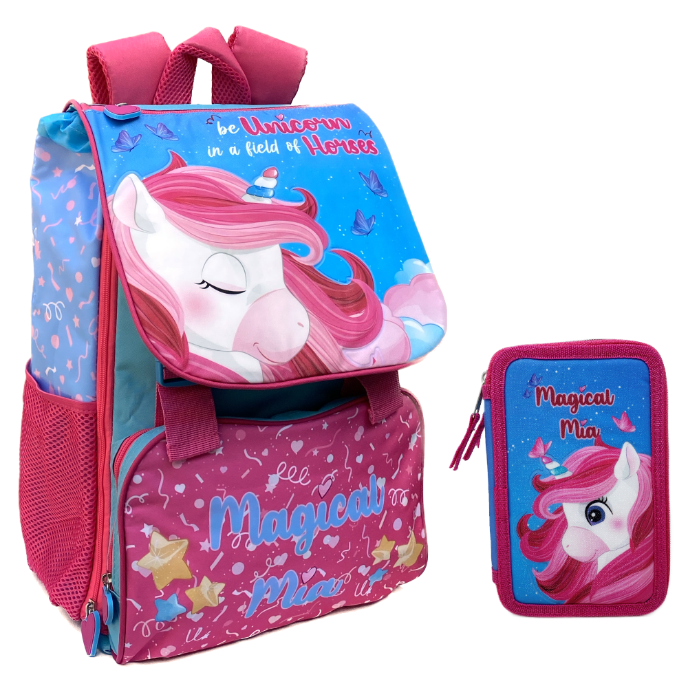 Zaino + Astuccio 3 Zip Unicorno Mia Estensibile Scuola Elementare Colori Giotto