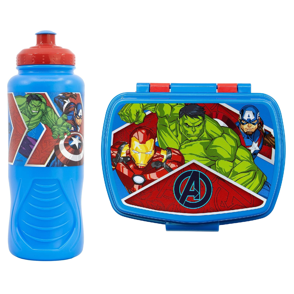Set Borraccia e Portamerenda Avengers MARVEL 2 Pezzi in Plastica Riutilizzabile Bpa Free