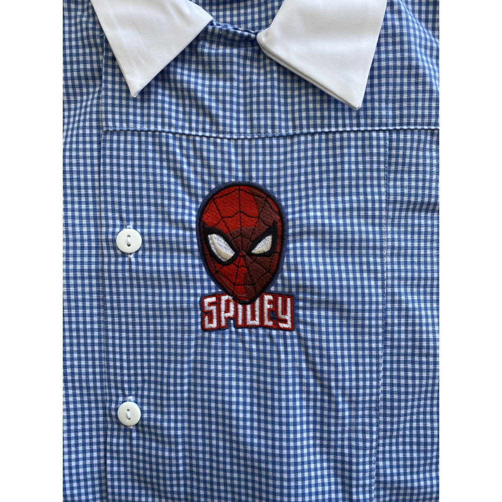 Grembiule Spiderman MARVEL Scuola Asilo Ricamato Quadretti Celeste Cotone - Spm0498