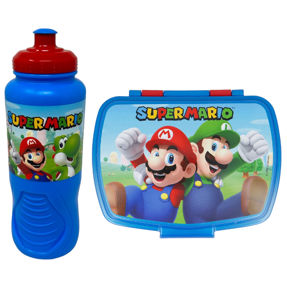 Set Borraccia e Portamerenda Super Mario 2 Pezzi in Plastica Riutilizzabile Bpa Free