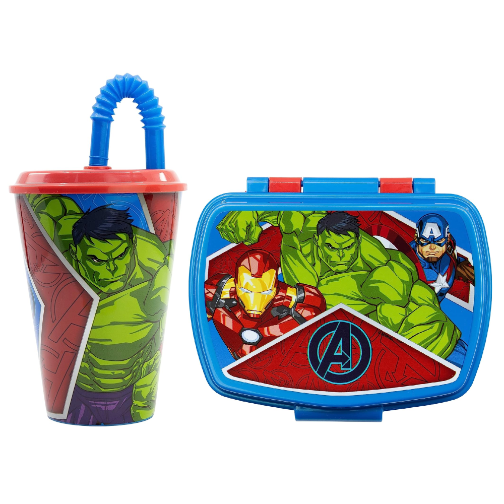 Set Bicchiere con Cannuccia e Portamerenda Avengers MARVEL 2 Pezzi in Plastica Riutilizzabile Bpa Free