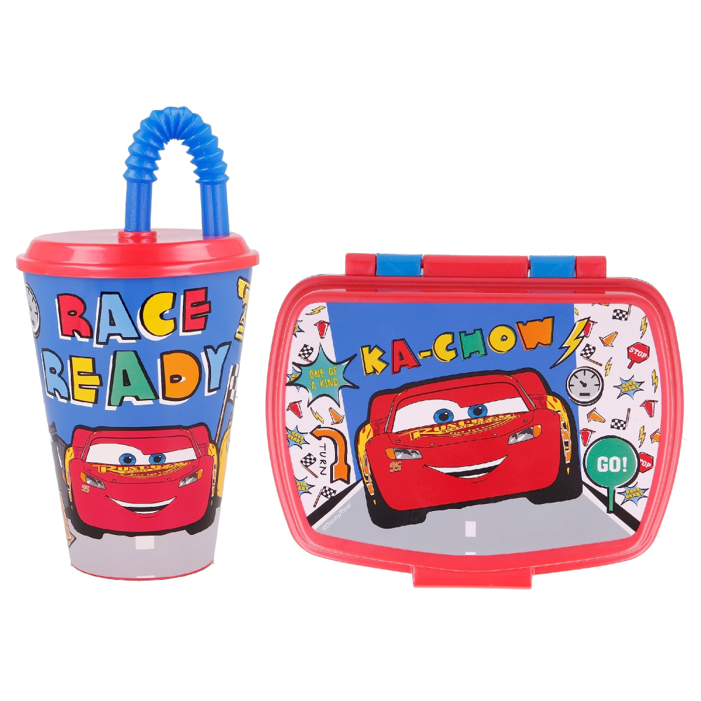 Set Bicchiere con Cannuccia e Portamerenda Cars DISNEY 2 Pezzi in Plastica Riutilizzabile Bpa Free