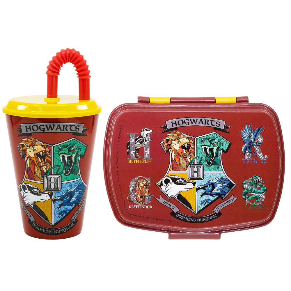 Set Bicchiere con Cannuccia e Portamerenda Harry Potter 2 Pezzi in Plastica Riutilizzabile Bpa Free