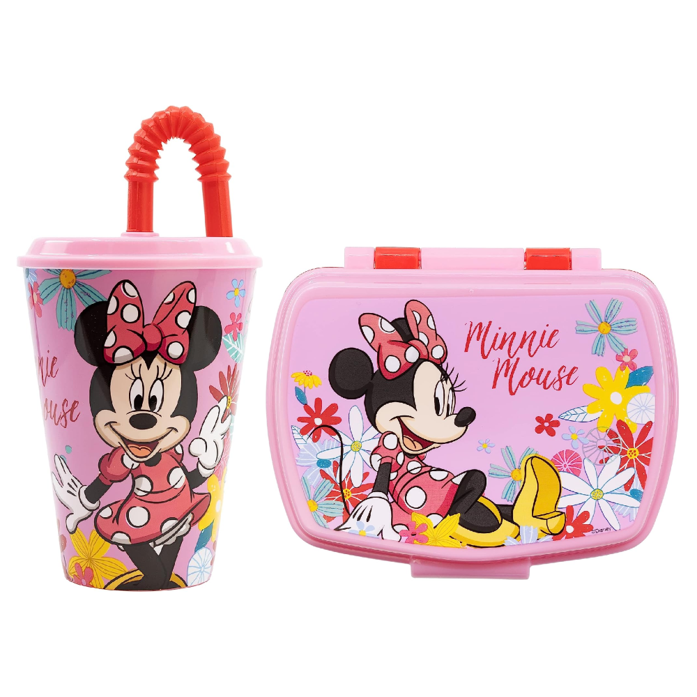 Set Bicchiere con Cannuccia e Portamerenda Minnie DISNEY 2 Pezzi in Plastica Riutilizzabile Bpa Free