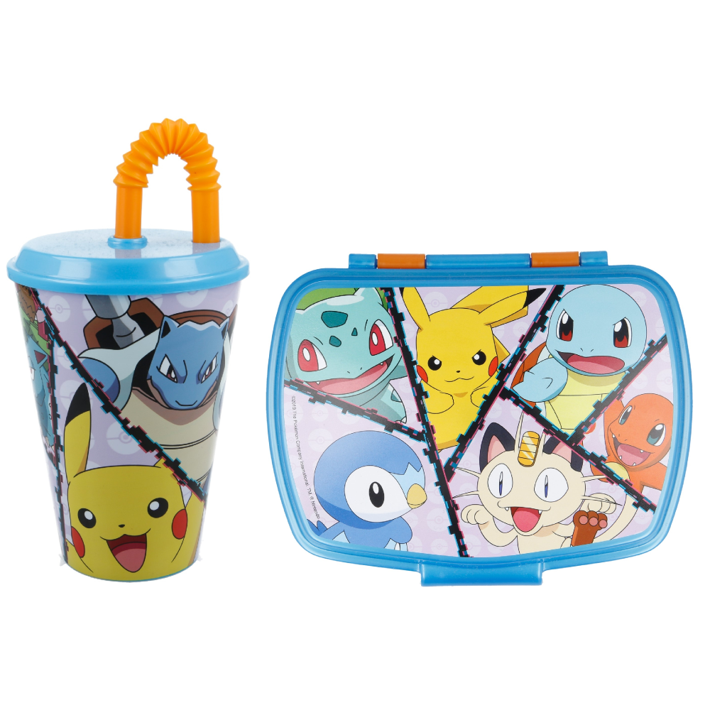 Set Bicchiere con Cannuccia e Portamerenda Pokémon 2 Pezzi in Plastica Riutilizzabile Bpa Free