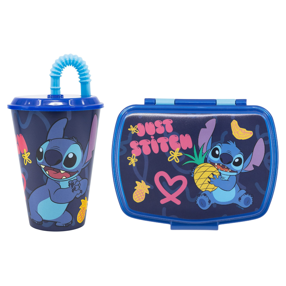 Set Bicchiere con Cannuccia e Portamerenda Stitch DISNEY 2 Pezzi in Plastica Riutilizzabile Bpa Free
