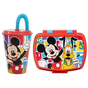 Set Bicchiere con Cannuccia e Portamerenda Topolino DISNEY 2 Pezzi in Plastica Riutilizzabile Bpa Free