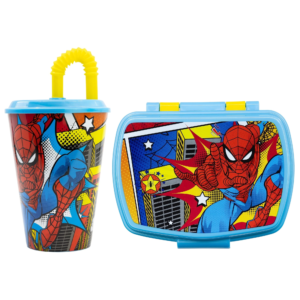 Set Bicchiere con Cannuccia e Portamerenda Spiderman MARVEL 2 Pezzi in Plastica Riutilizzabile Bpa Free