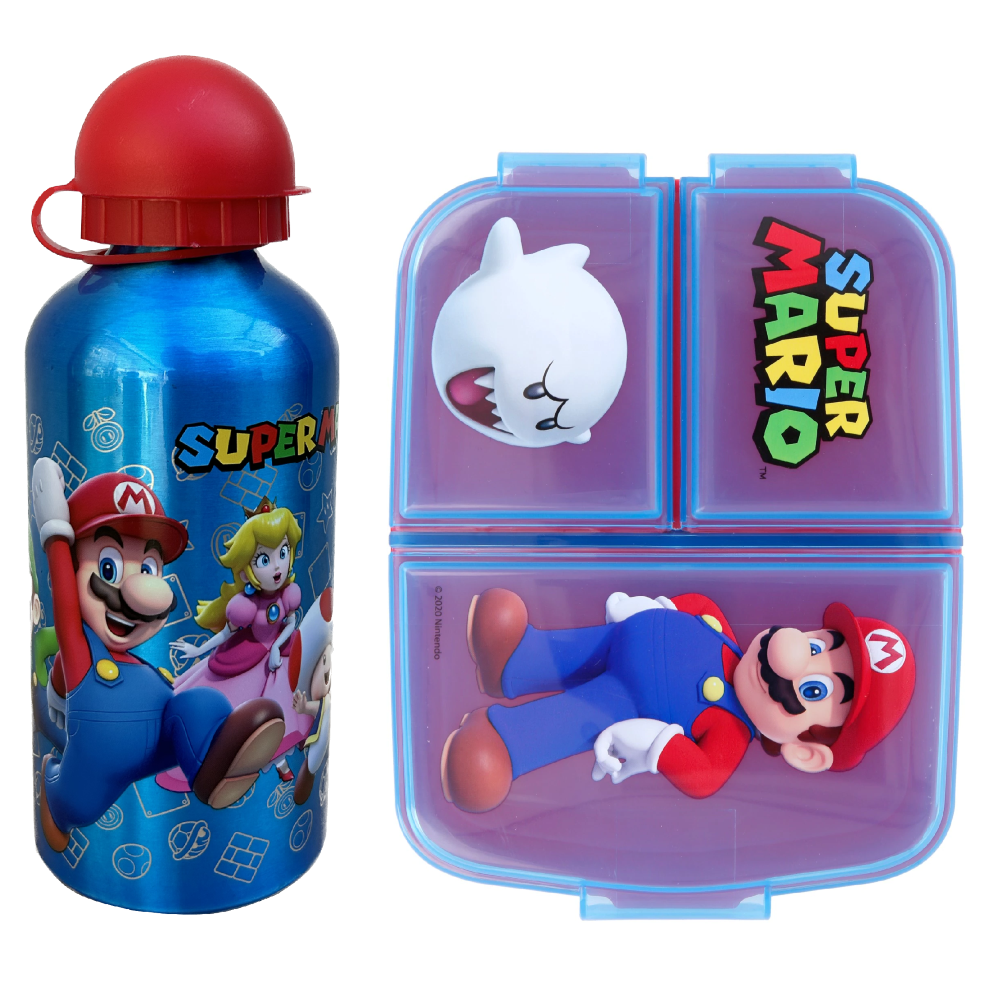 Set Borraccia in Alluminio e Portamerenda Multiscomparto Super Mario 2 Pezzi Bpa Free