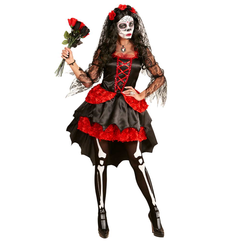 Costume con Accessori Sposa Dia De Los Muertos Calze Trucco Bouquet Travestimento Halloween L - 0611+01307+03235+02409