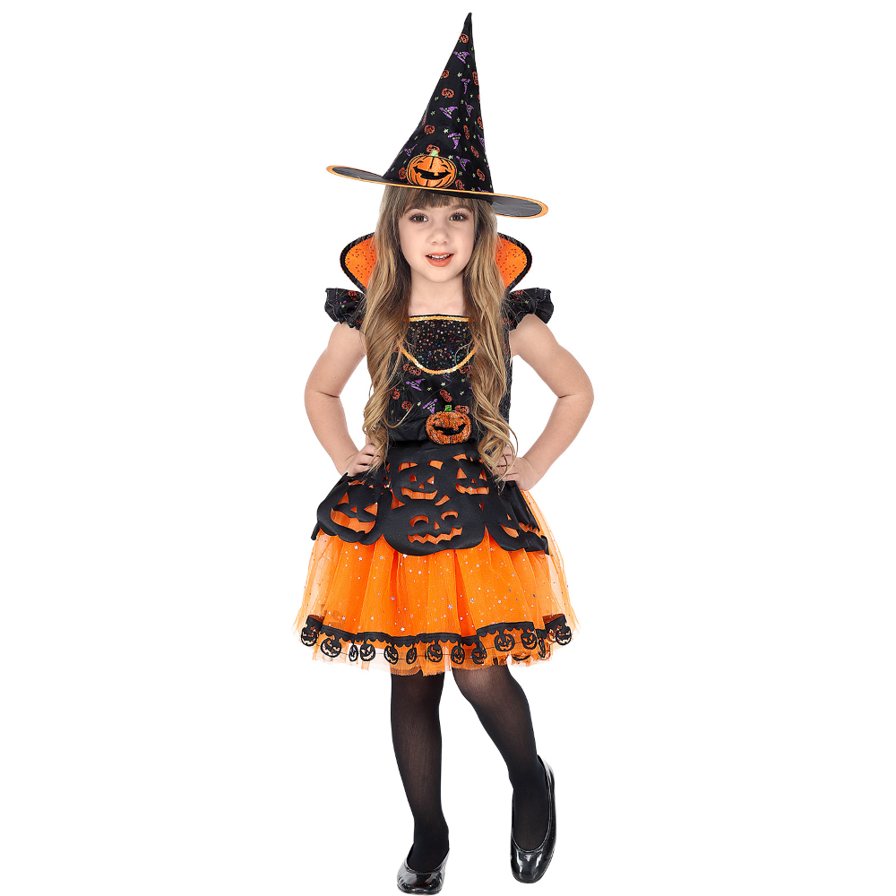 Costume con Accessori Strega Vestito Cappello Scopa Storta Travestimento Halloween 4/5 Anni - 0708+9835w