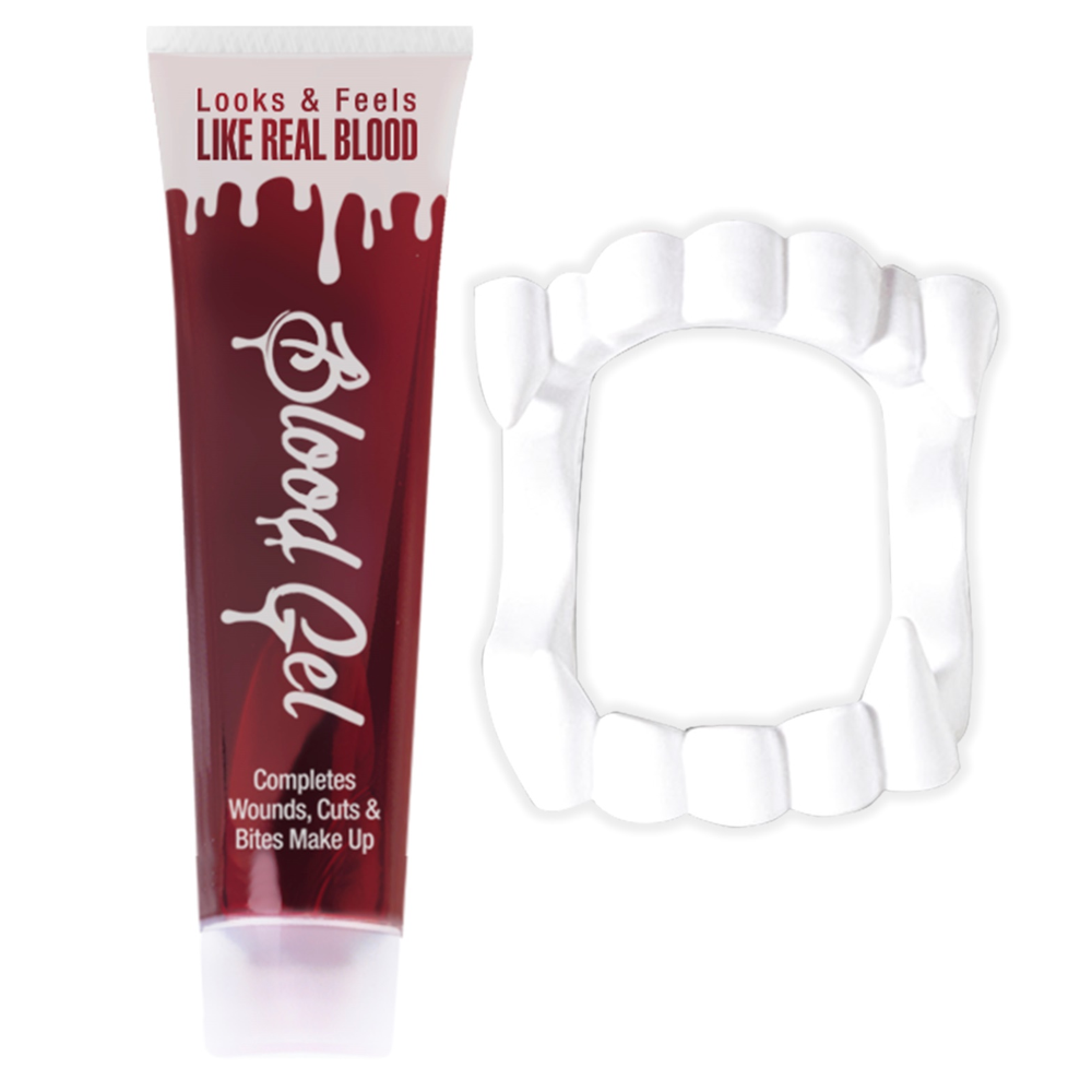 Set Sangue in Tubo 28 Ml e Dentiera Vampiro Accessori Travestimento Carnevale Halloween - 4031d