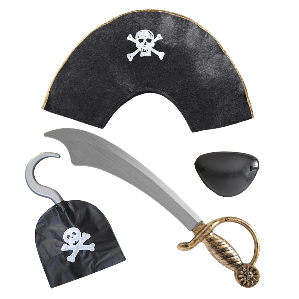 Set Pirata Sciabola Uncino Cappello Benda Accessori Abito Vestito Carnevale Bambino
