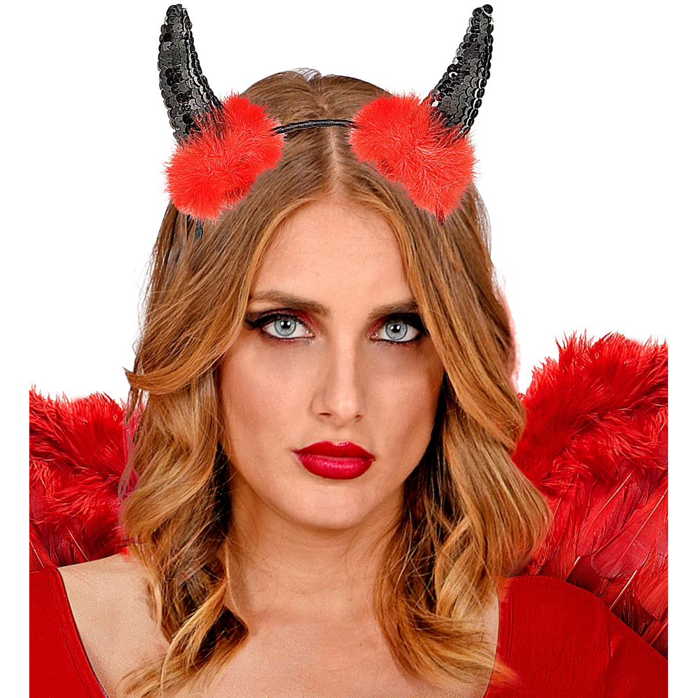 Cerchietto Corna in Paillettes Nere Accessori Travestimento Carnevale Halloween - 5494n