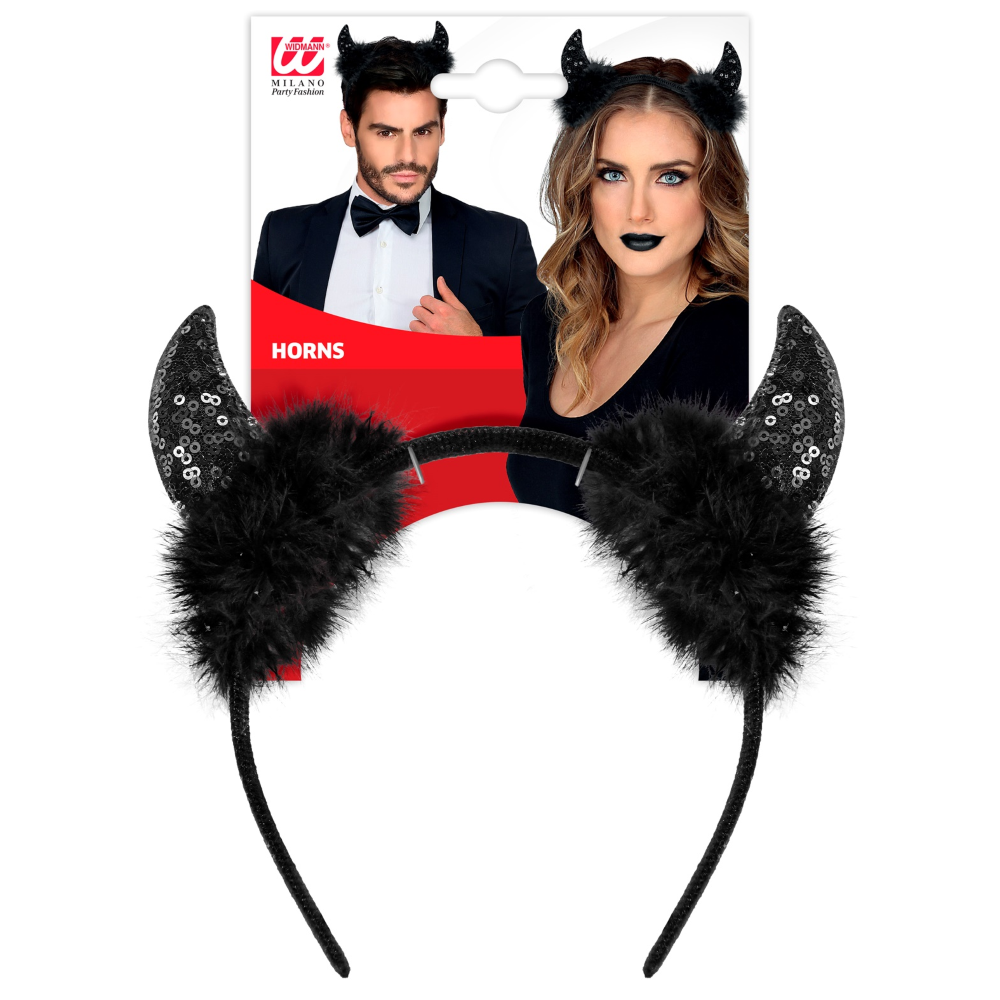 Cerchietto Corna in Paillettes Nere Accessori Travestimento Carnevale Halloween - 03376
