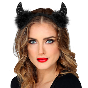 Cerchietto Corna in Paillettes Nere Accessori Travestimento Carnevale Halloween - 03376
